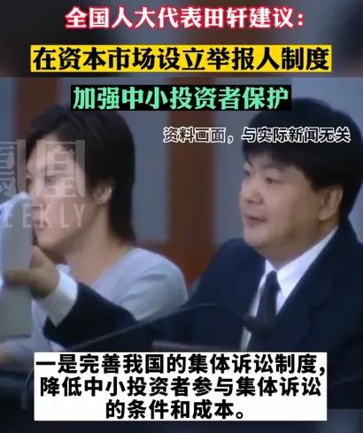 全國人大代表田軒建議在資本市場設立舉報人制度，完善集體訴訟制度，加強中小投資者保護，如何看待該建議？